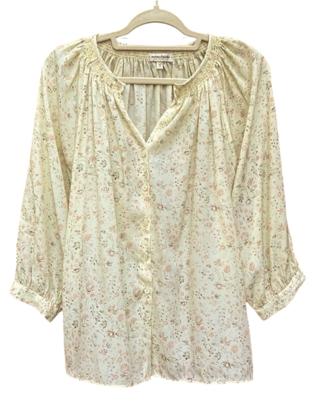 Creme Fraiche Top sz Medium Peasant Style Pale Yellow Cream with Floral Pattern